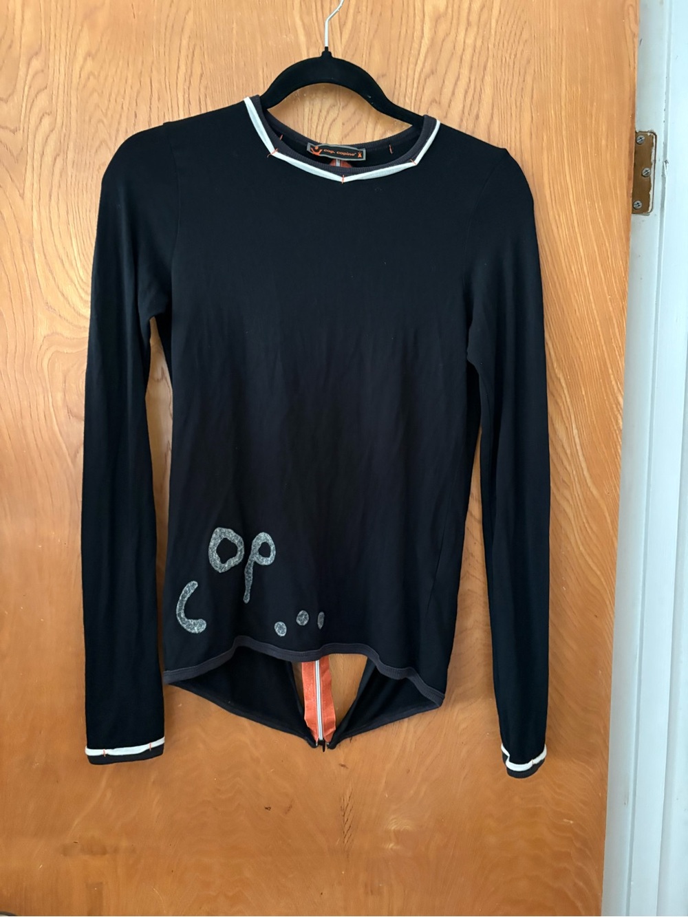 Cop.Copine Black Long-Sleeve Top with White Trim and Silver Graphic S